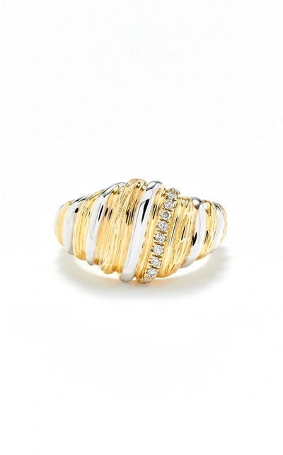 Yvonne Léon 9k Yellow And White Gold Gaufrette Diamond Signet Ring In Gold