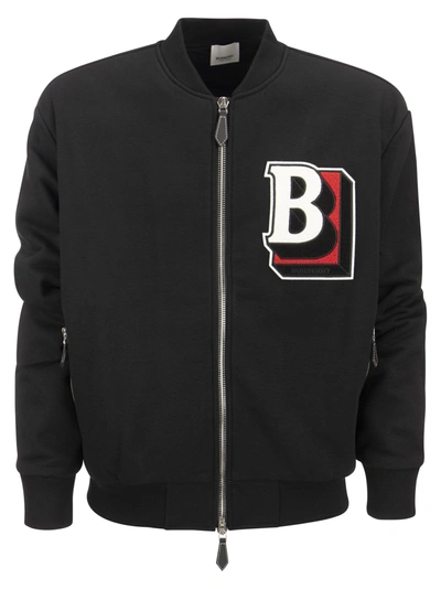Shop Burberry Cotton Blend Bomber Jacket With Letter B In Black