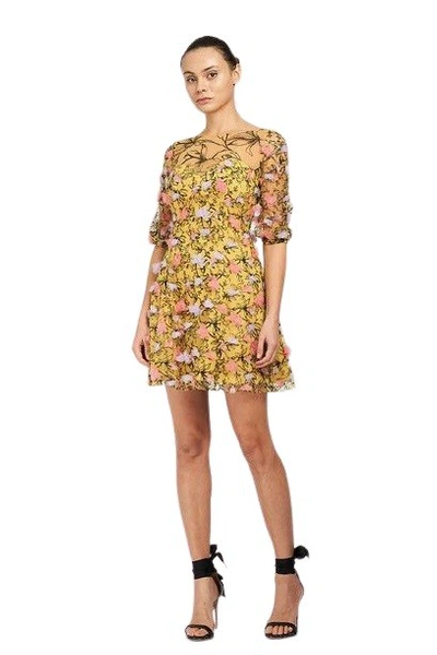 Shop Marchesa Notte ¾ Sleeve Boat Neck Embroidered Tulle Mini Dress In Neutrals