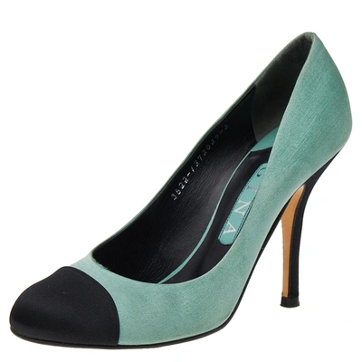 Pre-owned Gina Green/black Satin Cap Toe Pumps Size 38