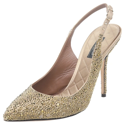 Pre-owned Dolce & Gabbana Gold Crystal Embellished Satin Slingback Sandals Size 39.5