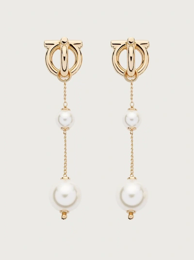 Ferragamo Double Pearl Gancini Pendant Earrings In Gold