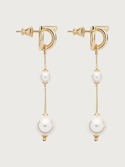 Ferragamo Double Pearl Gancini Pendant Earrings In Gold