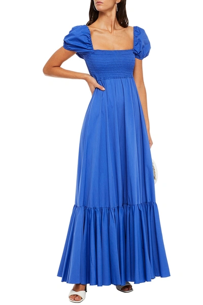 Shop Caroline Constas Shirred Gathered Cotton-blend Poplin Maxi Dress In Blue
