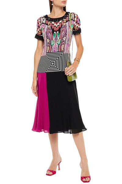 Shop Etro Fringed Printed Silk Crepe De Chine Midi Dress In Fuchsia