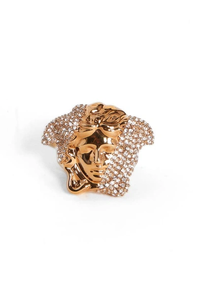 Shop Versace Palazzo Dia Pavé Medusa Head Ring In Gold