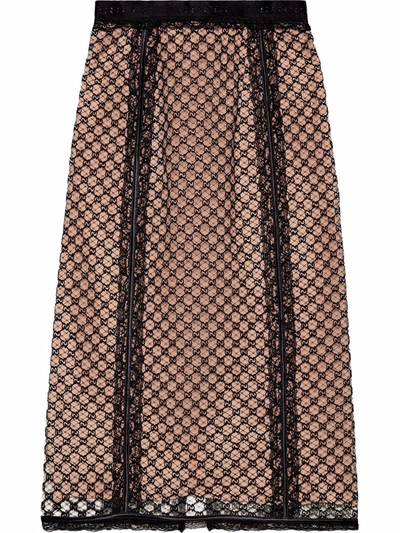 Gucci Gg-embroidered Mesh-overlay Midi Skirt In Schwarz | ModeSens