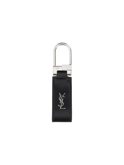 Shop Saint Laurent Tiny Monogram Keyring In Black