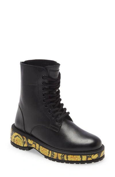 Shop Versace Kids' Barocco Lace-up Combat Boot In Black