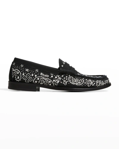 Shop Rhude Men's Bandana Canvas Penny Loafers In Black
