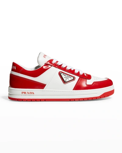 Shop Prada Bicolor Leather Low-top Court Sneakers In Biancolac