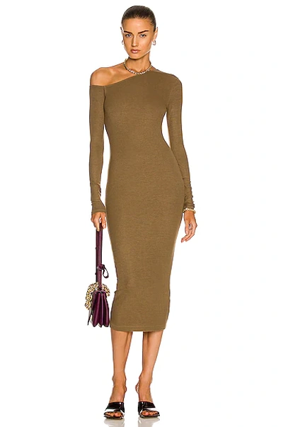 Shop Enza Costa Silk Rib Angled Neck Long Sleeve Midi Dress In Fatigue