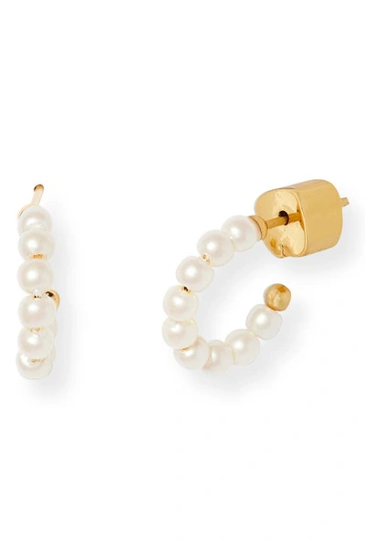 Shop Kate Spade Tiny Twinkles Mini Imitation Pearl Hoop Earrings In Cream/ Gold