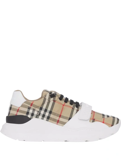 Burberry Beige And White Low Top Sneakers With Vintage Check Print And Rubber Sole In Canvas And Leather Man In Multicolour
