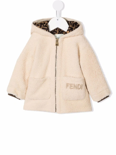 Shop Fendi Embroidered Logo Shearling Jacket In Neutrals