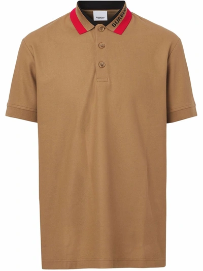 Shop Burberry Collar-stripe Logo Piqué Polo Shirt In Brown