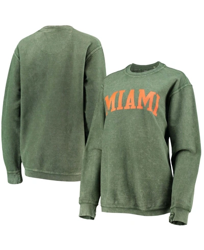PRESSBOX WOMEN'S GREEN MIAMI HURRICANES COMFY CORD VINTAGE-LIKE WASH BASIC ARCH PULLOVER SWEATSHIRT 
