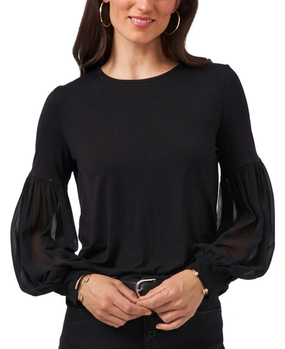 Shop Vince Camuto Sheer Balloon-sleeve Embellished Top In Rich Black