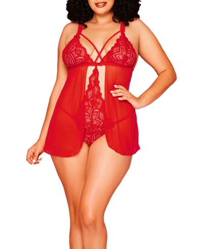 Hauty Stella Plus Size Galloon Lace And Mesh Soft Cup Babydoll With Connected Bodysuit Inside And Flyaway  In Red