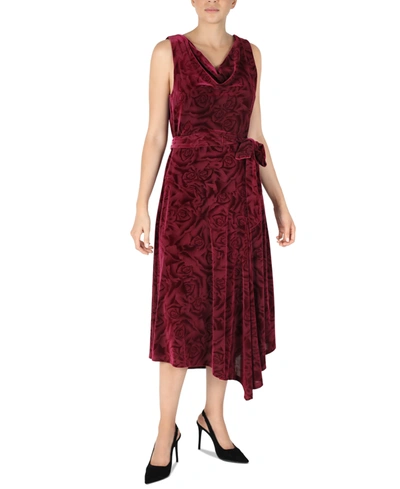 Shop Donna Ricco Printed Velvet Fit & Flare Dress In Wine