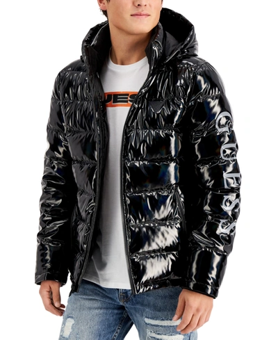 Shop Guess Men's Holographic Hooded Puffer Jacket In Black