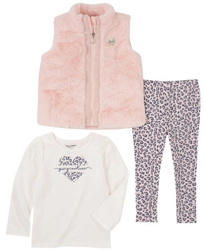 Shop Juicy Couture Little Girls 3 Piece Faux Fur Zip-up Vest, Logo T-shirt And Printed Leggings Set In Pink