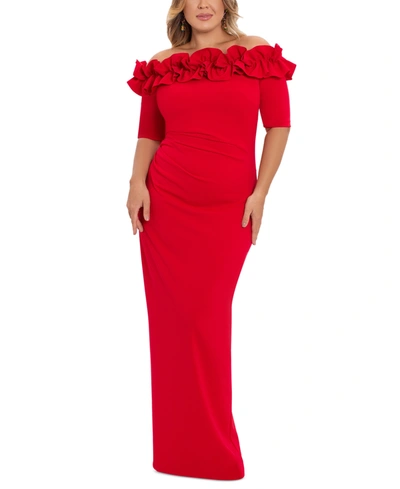 Shop Xscape Plus Size Ruffled Off-the-shoulder Gown In Red