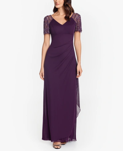 Xscape Beaded Sleeve Ruched Column Gown In Plum Purple