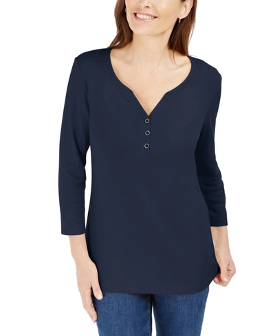 Shop Karen Scott Petite Cotton 3/4-sleeve Henley Top, Created For Macy's In Bright White