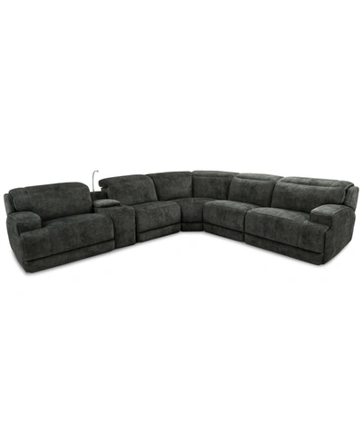 Shop Mwhome Sebaston 6-pc. Fabric Sectional With 3 Power Motion Recliners And 1 Usb Console, Created For Macy's In Highlander Midnight