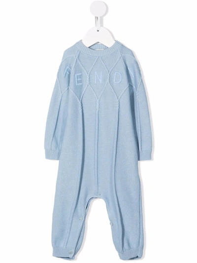 Shop Fendi Embroidered-logo Knitted Romper In 蓝色
