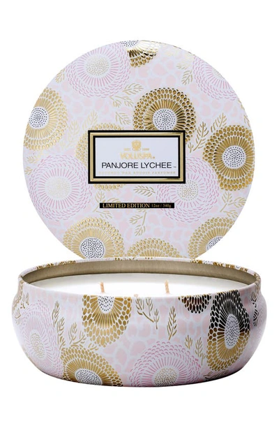 Shop Voluspa Three-wick Tin Candle In Panjore Lychee