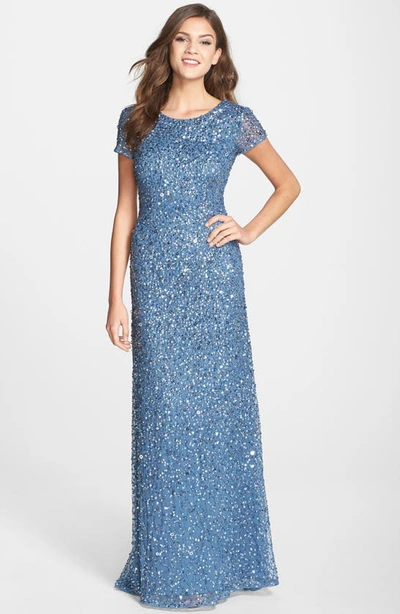 Adrianna Papell Short Sleeve Sequin Mesh Gown In Nile | ModeSens