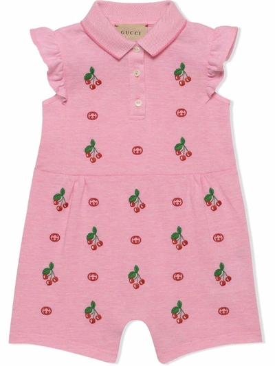 Shop Gucci Embroidered Cotton Romper In Pink