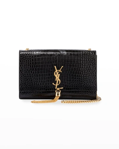 Shop Saint Laurent Kate Medium Tassel Ysl Crossbody Bag In Croc-embossed Leather In Black