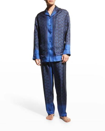Shop Versace Men's Greca Silk Pajama Top In Blue Navyblack