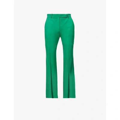 Shop Alexander Mcqueen Womens Chrome Green Tailored Bootleg Mid-rise Wool Trousers 10