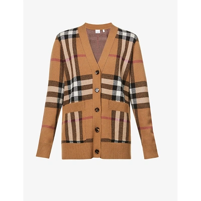 Shop Burberry Womens Birch Brown Willah Checked Wool And Cashmere-blend Cardigan L