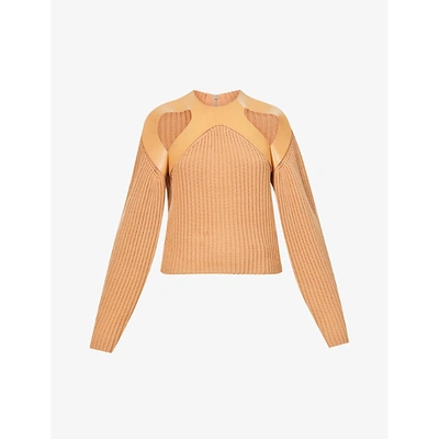 Shop Dion Lee Womens Tan Vachetta Leather-trimmed Cotton-blend Knitted Jumper S