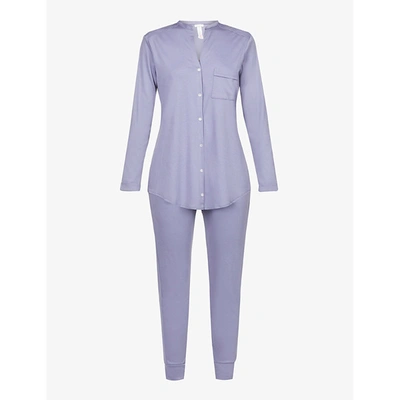Shop Hanro Pure Essence Cotton-jersey Pyjama Set In 1546 Blue Granite