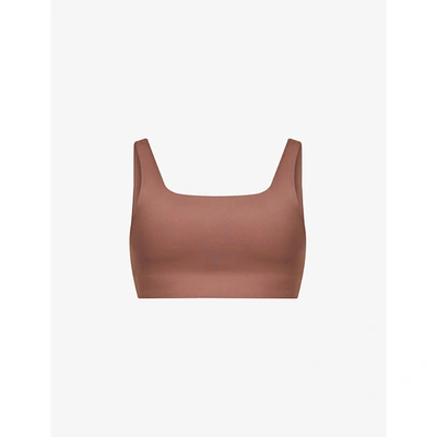 Shop Girlfriend Collective Tommy Square-neck Stretch-recycled Polyester Sports Bra In Storm