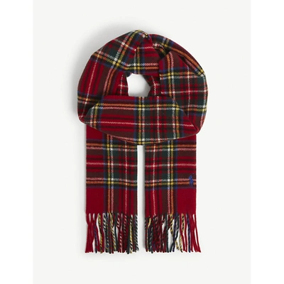 Shop Polo Ralph Lauren Logo-embroidered Tartan Recycled Wool-blend Scarf In Red Steward