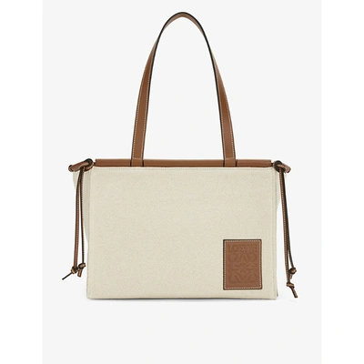 Shop Loewe Cushion Leather And Canvas Small Tote Bag In Light Oat