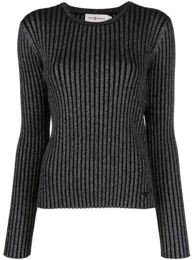 Metallic Stripe Ribbed Merino Wool Sweater In Black
