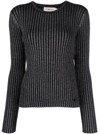 Tory Burch Metallic Stripe Ribbed Merino Wool Sweater In Schwarz