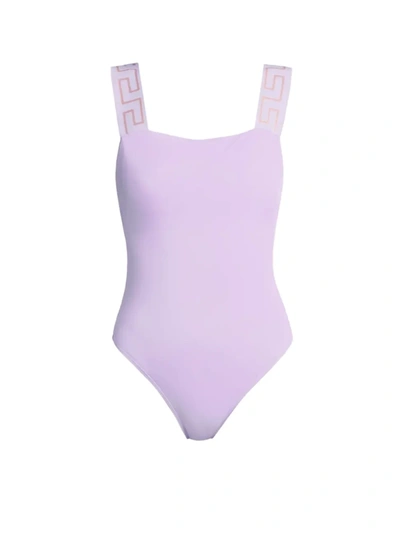 Shop Versace Women's Greca Border One-piece Swimsuit In Lilac
