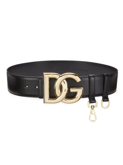 Shop Dolce & Gabbana Women's Dg Crossed Logo Leather Waist Belt In Black