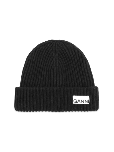 Shop Ganni Women's Rib Knit Logo Beanie In Black