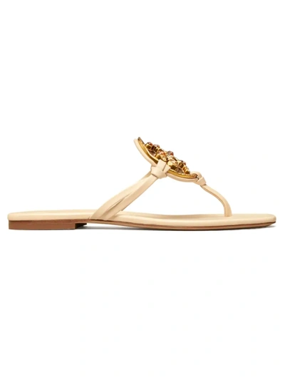 Shop Tory Burch Miller Jeweled Leather Thong Sandals In Brie