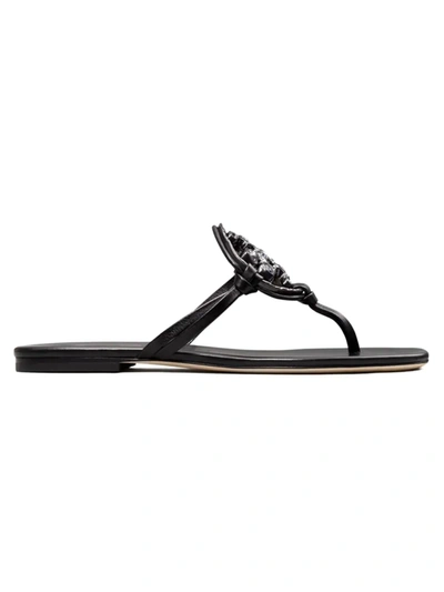 Shop Tory Burch Miller Jeweled Leather Thong Sandals In Perfect Black